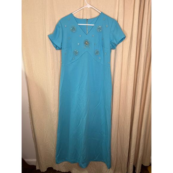 1970s Aqua Blue Glam Rhinestone Floral Prom Hoco Bridesmaid Maxi Dress M - Picture 1 of 5